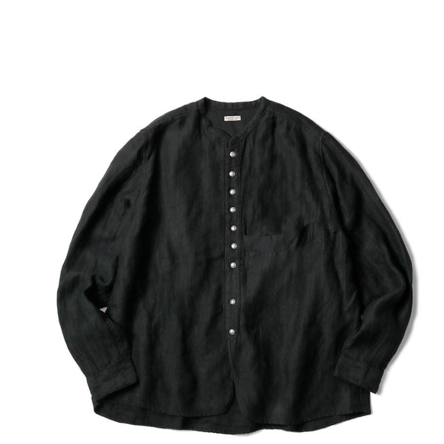Kapital Gauze Linen Herringbone Stand Collar Penny Shirt Black